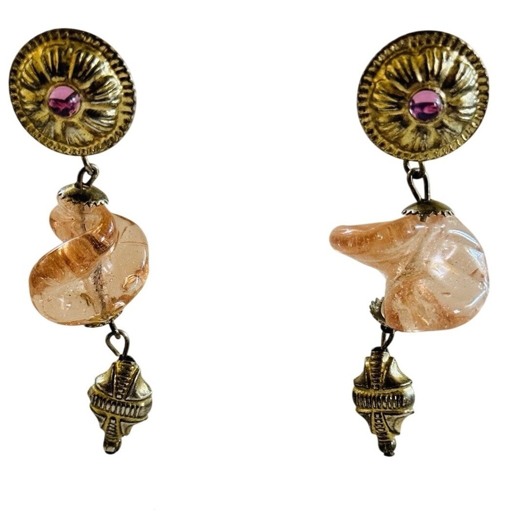 VTG Byzantine Regal Earrings Peach Glass Dangle Gilt Pierced‎ Statement Boho 70s